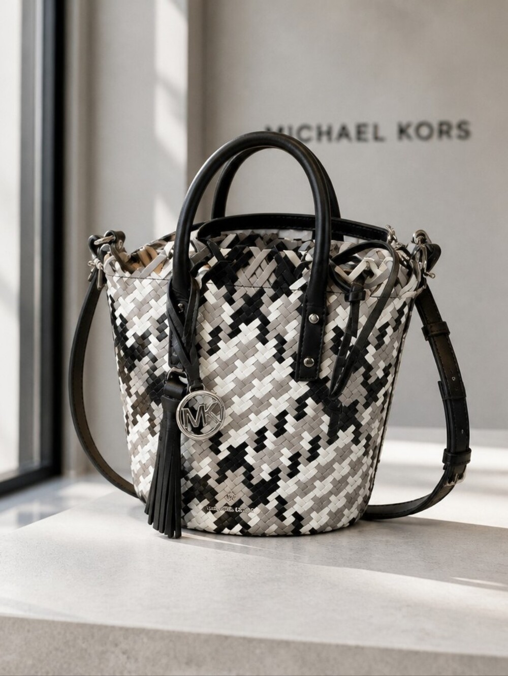 Michael Kors Black & White Woven Bucket Bag